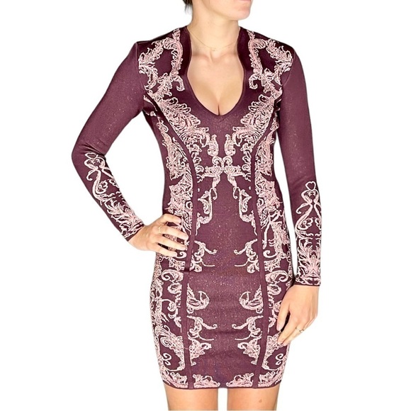 WOW WORLD OF WOMEN FLORAL METALLIC CHERRY CUTOUT LONG SLEEVE BODYCON DRESS - Picture 4 of 16